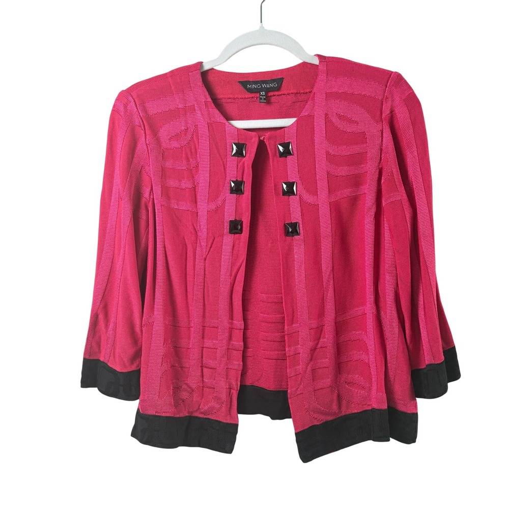 Ming Wang Cardigan Jacket Size XS Pink Black Beaded Textured Open Office‎